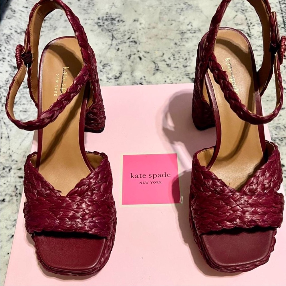 NEW Kate Spade Disco Braided Raffia Platform Sandals - Pinot Noir Red 9 Defaced